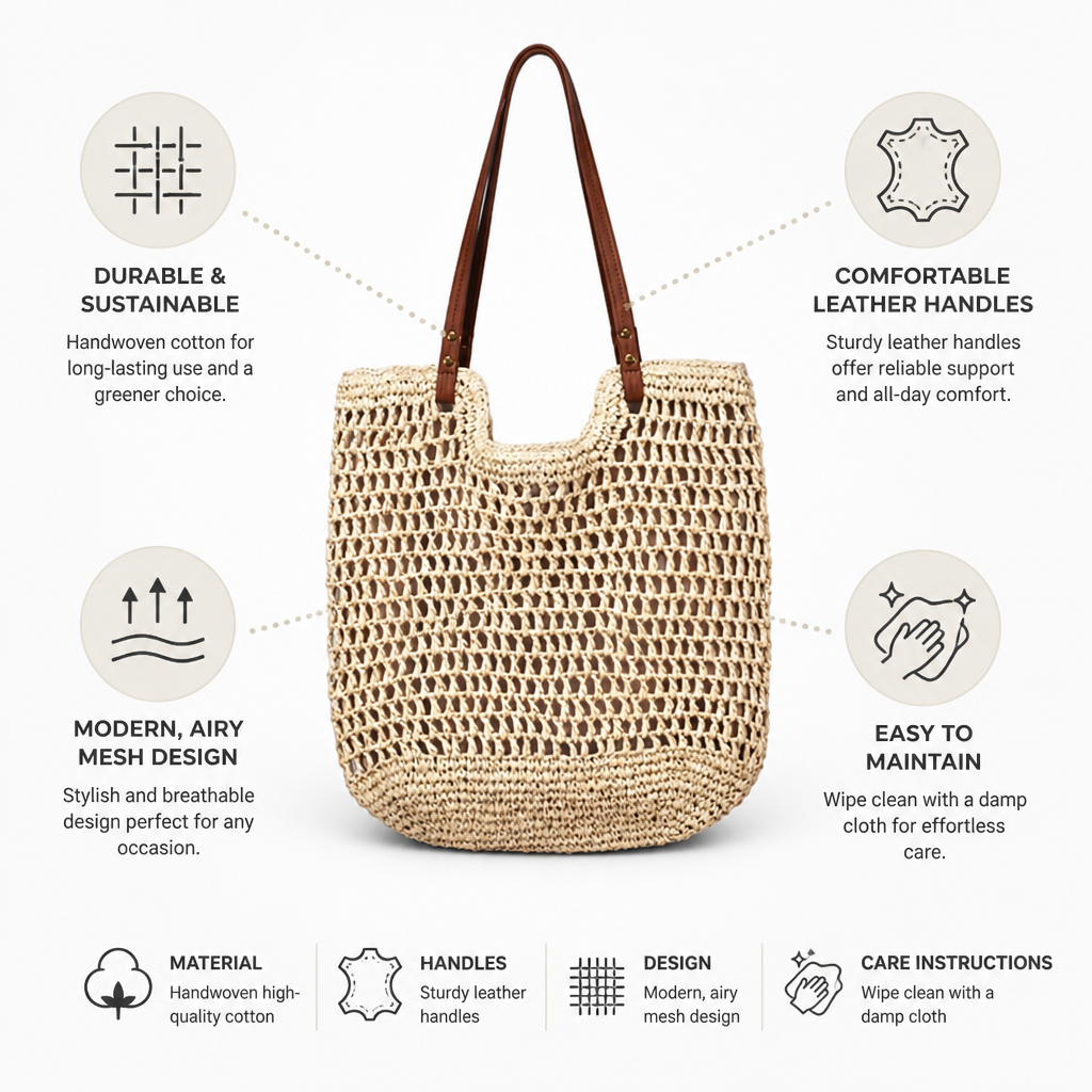 Handwoven Cotton Mesh Tote Bag (Leather Handles)