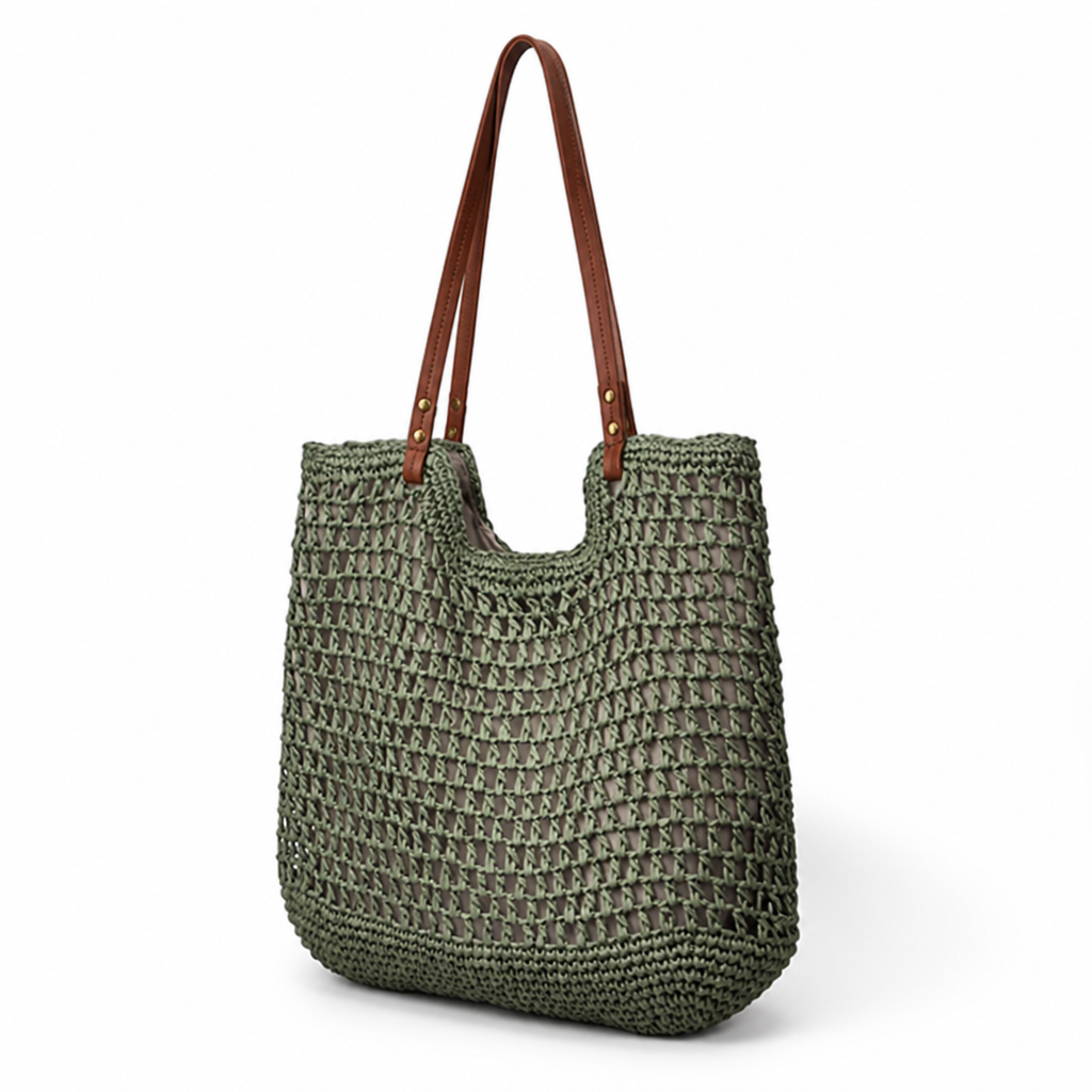 Handwoven Cotton Mesh Tote Bag (Leather Handles)