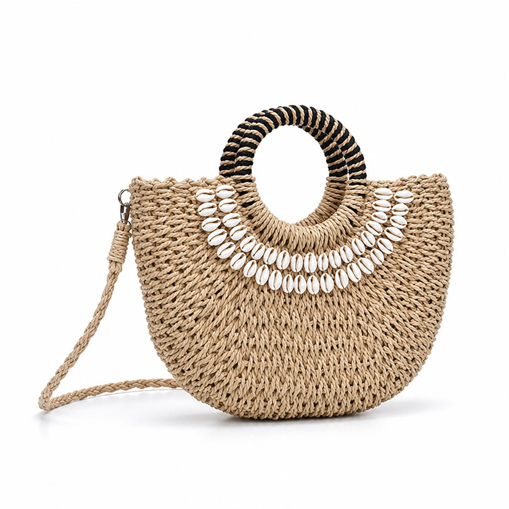 Handwoven Eco-Friendly Shell-Accent Handbag (Removable Strap)