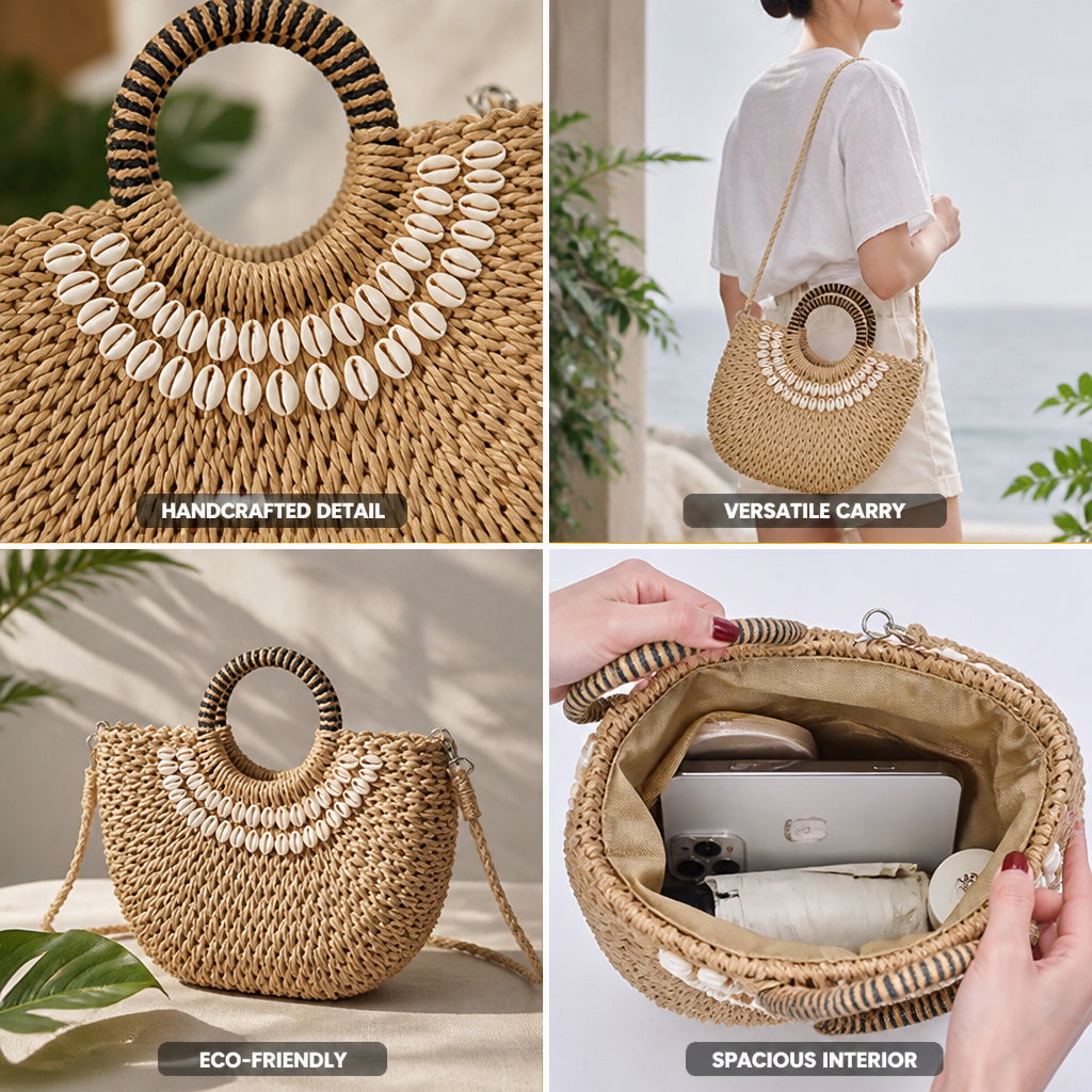 Handwoven Eco-Friendly Shell-Accent Handbag (Removable Strap)