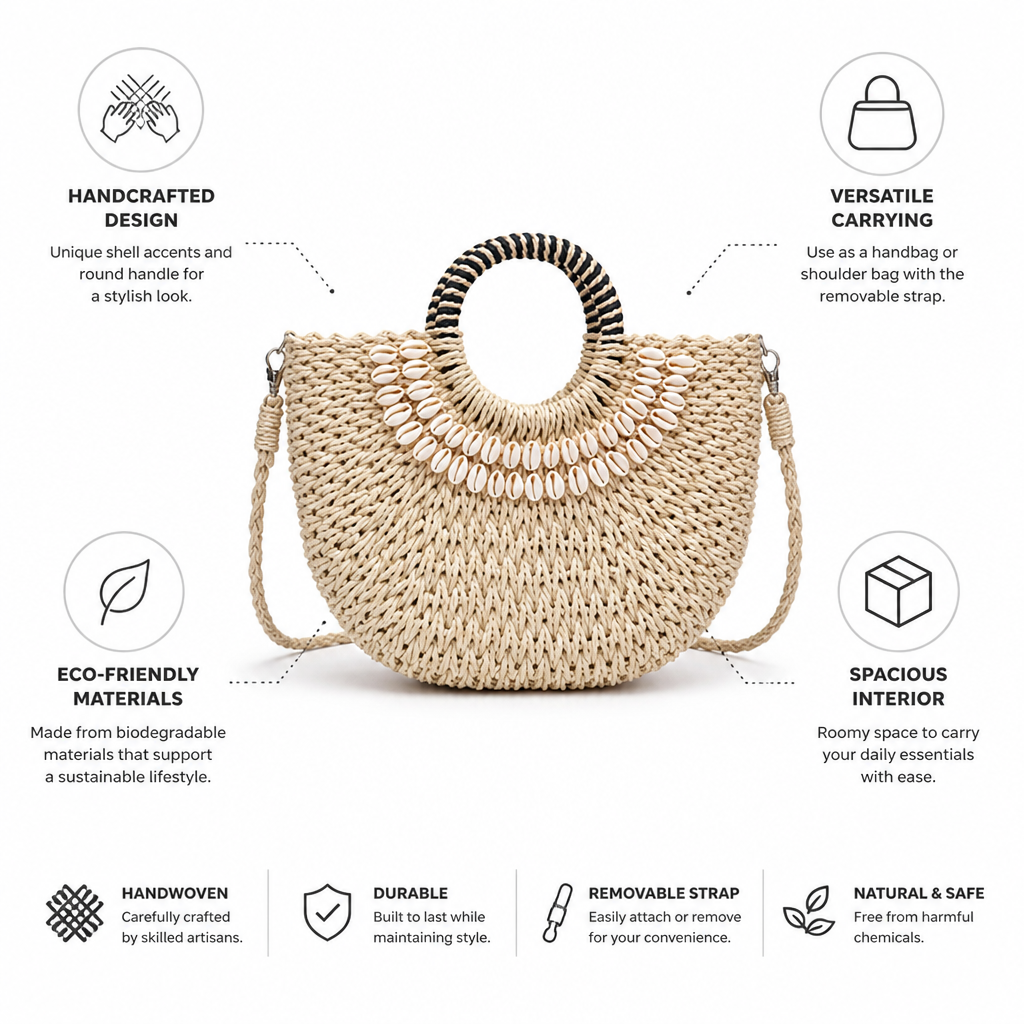 Handwoven Eco-Friendly Shell-Accent Handbag (Removable Strap)