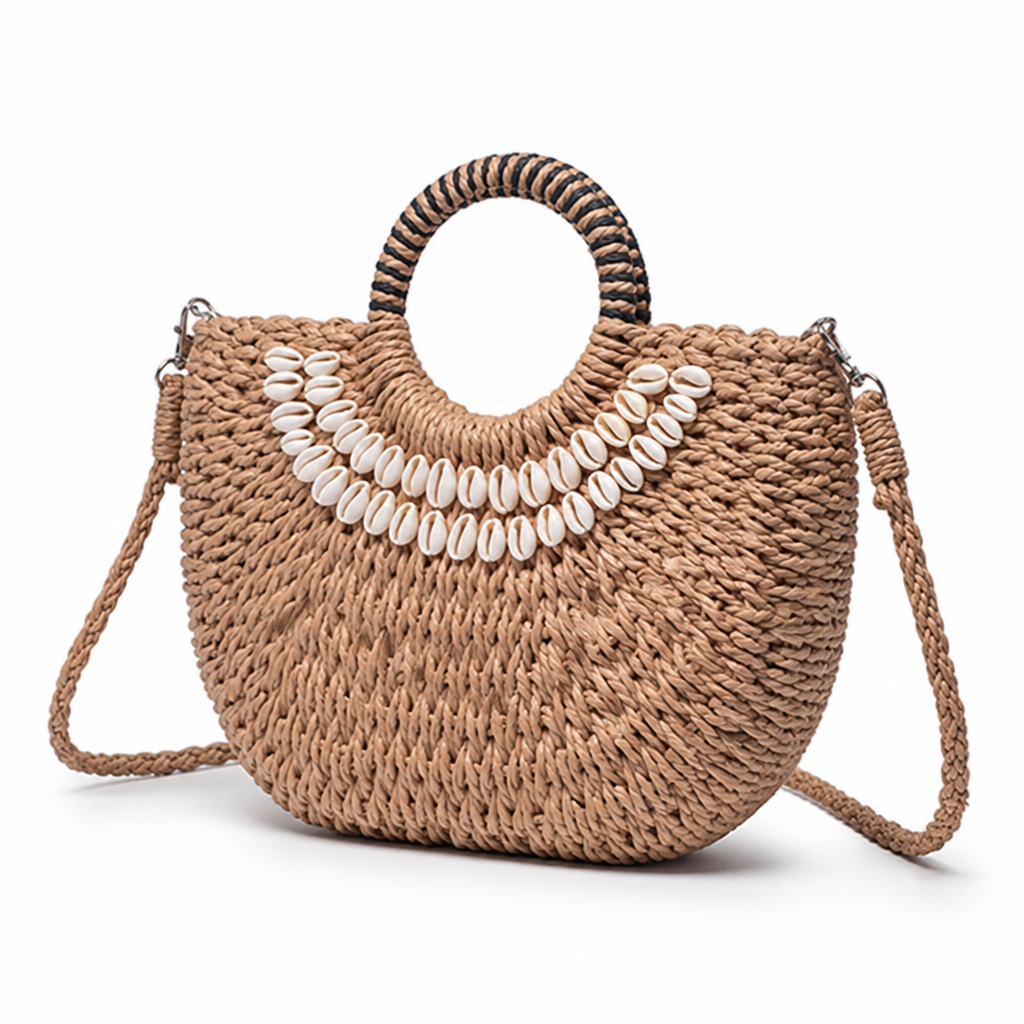 Handwoven Eco-Friendly Shell-Accent Handbag (Removable Strap)