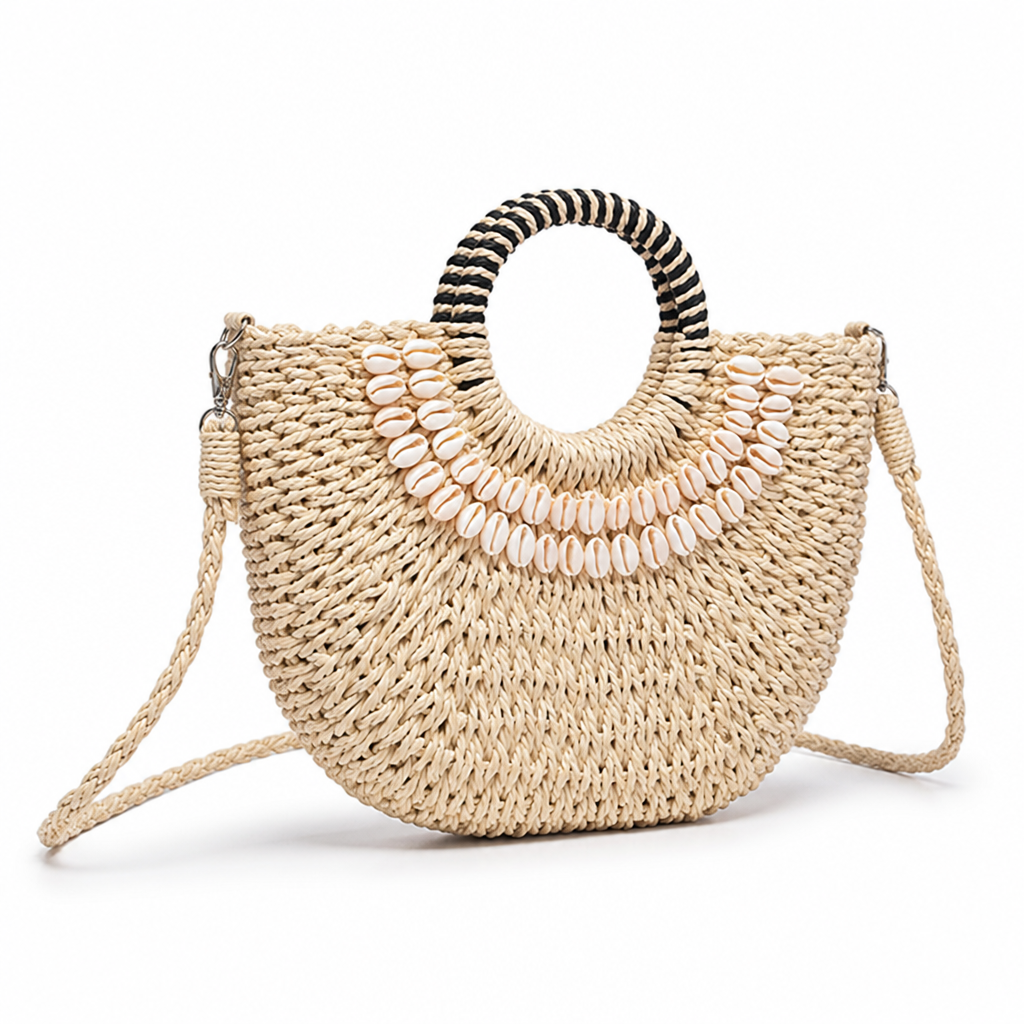 Handwoven Eco-Friendly Shell-Accent Handbag (Removable Strap)