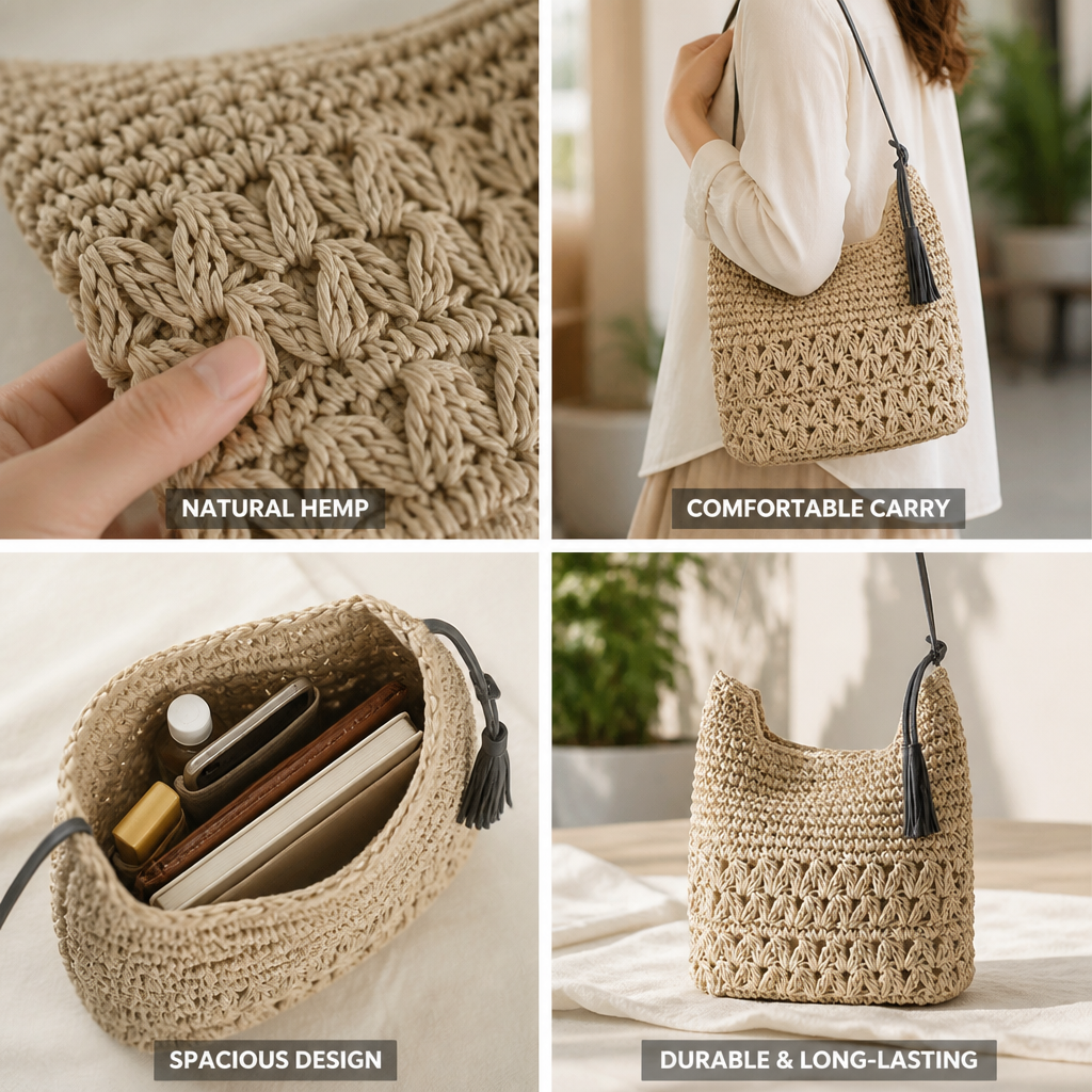 Handwoven Hemp Hobo Bag (Soft Shoulder Strap)