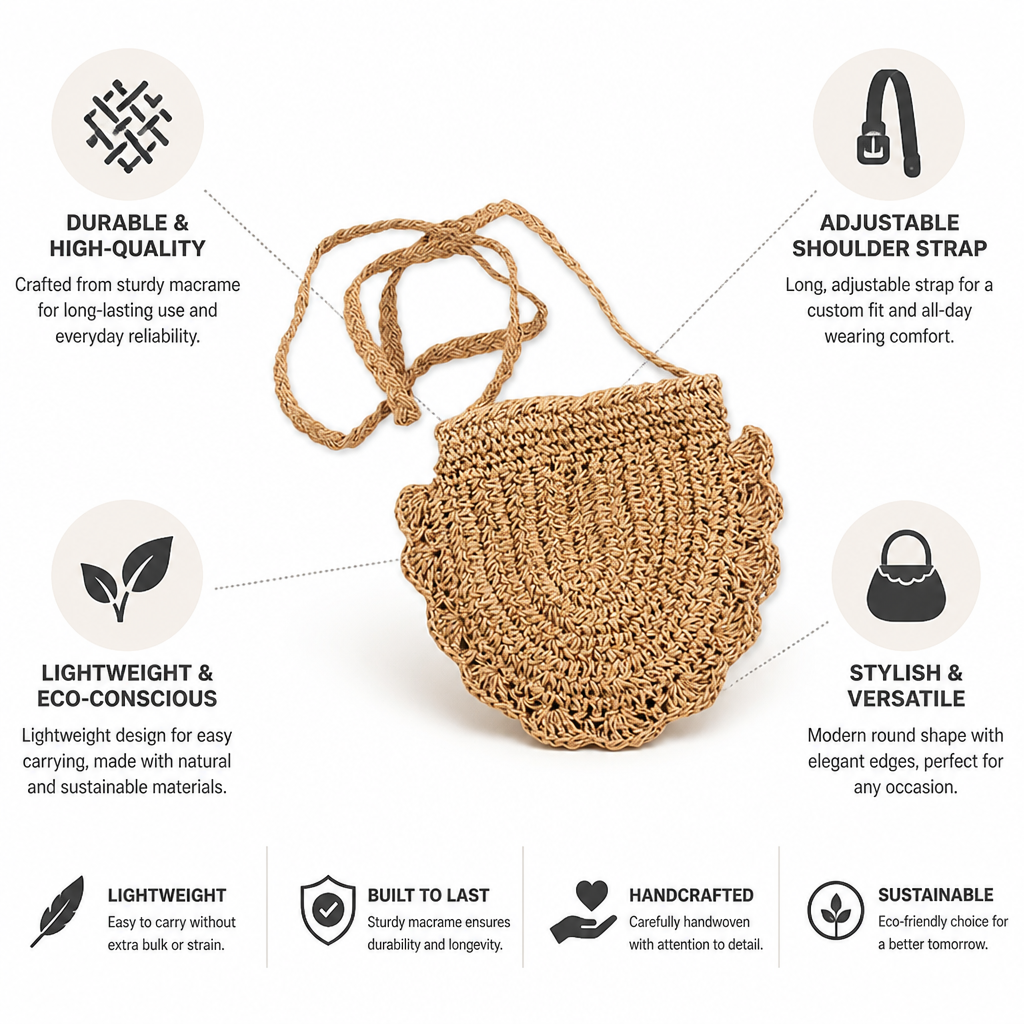 Handwoven Macrame Round Shoulder Bag (Adjustable Strap)