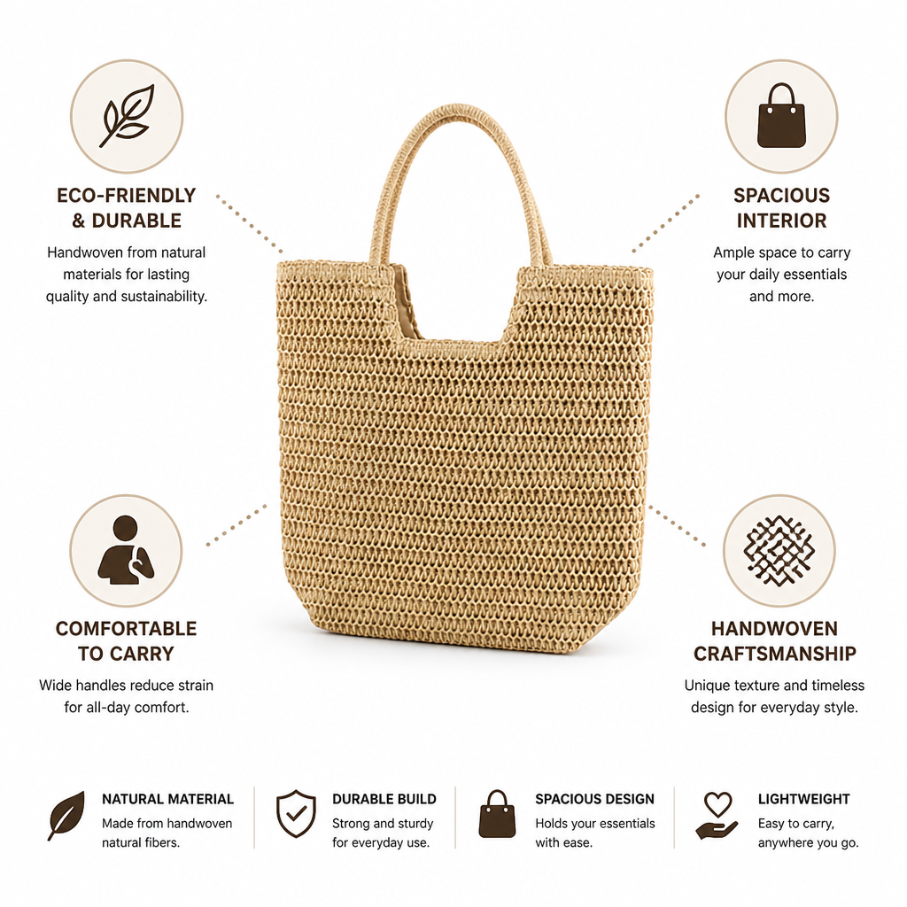 Handwoven Natural Fiber Handbag (Spacious Interior)