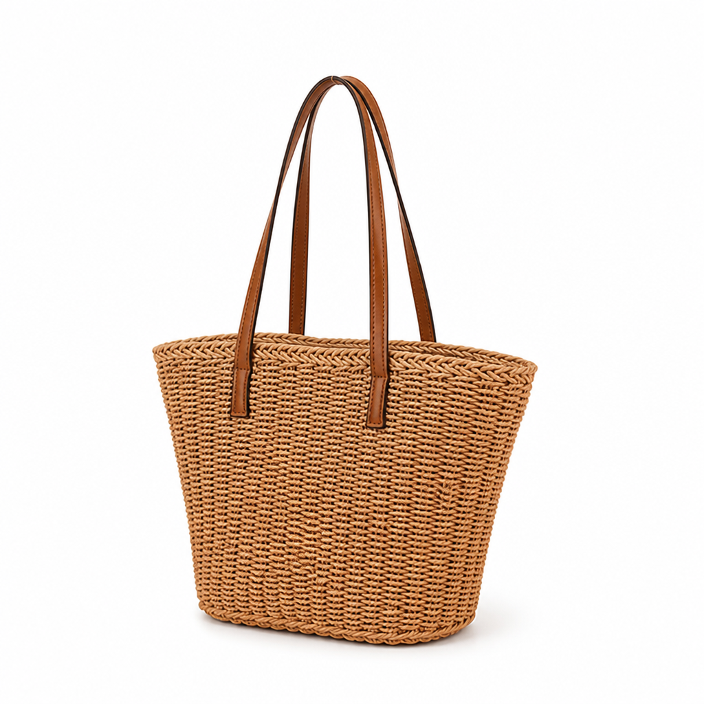 Handwoven Natural-Fiber Handbag With Leather Handles