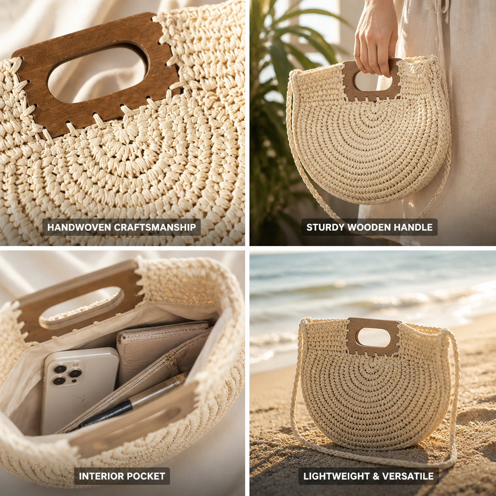 Handwoven Natural Fiber Handbag With Wooden Handle & Pocket
