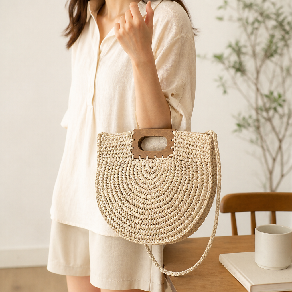 Handwoven Natural Fiber Handbag With Wooden Handle & Pocket
