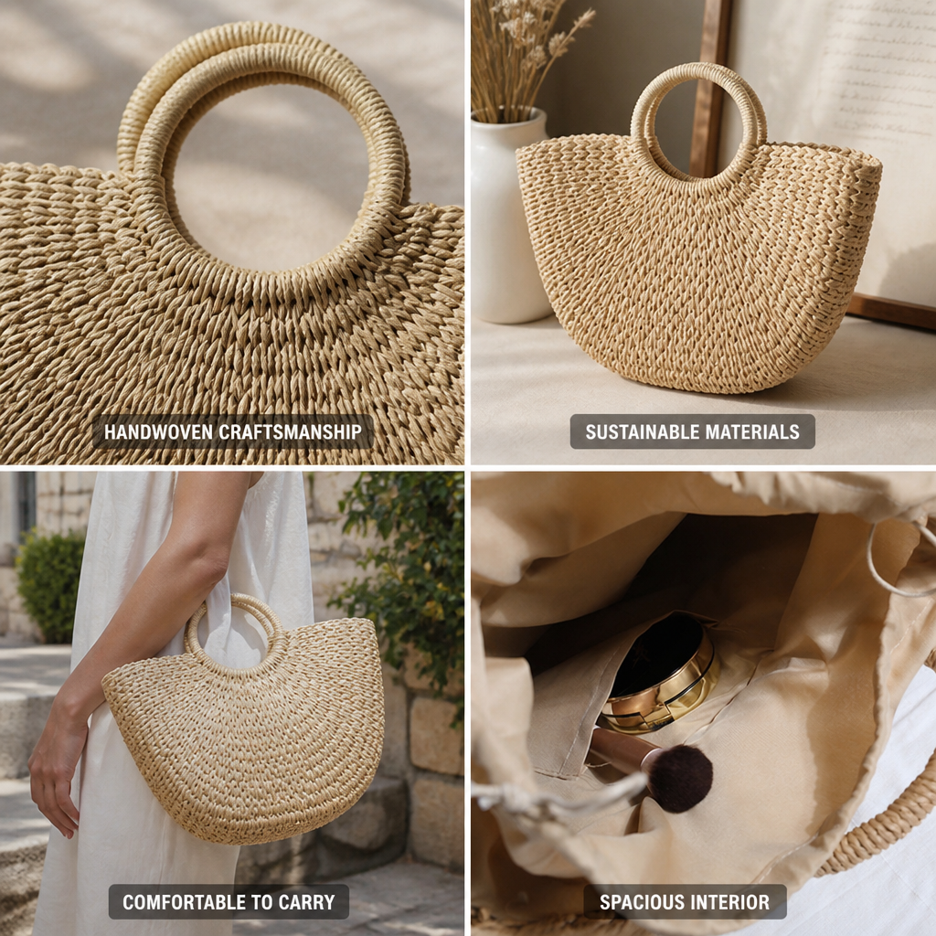 Handwoven Natural Raffia Basket Bag (Round Handles)
