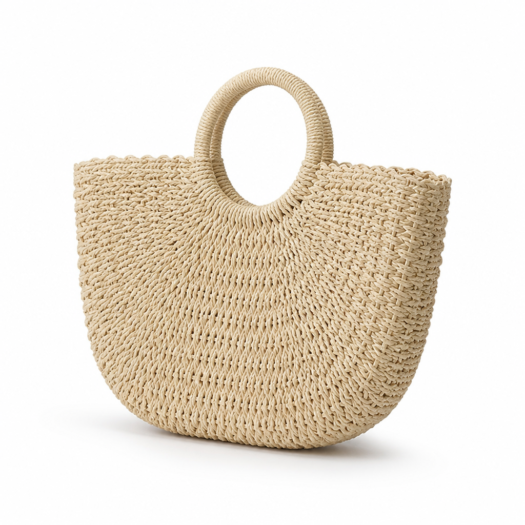 Handwoven Natural Raffia Basket Bag (Round Handles)