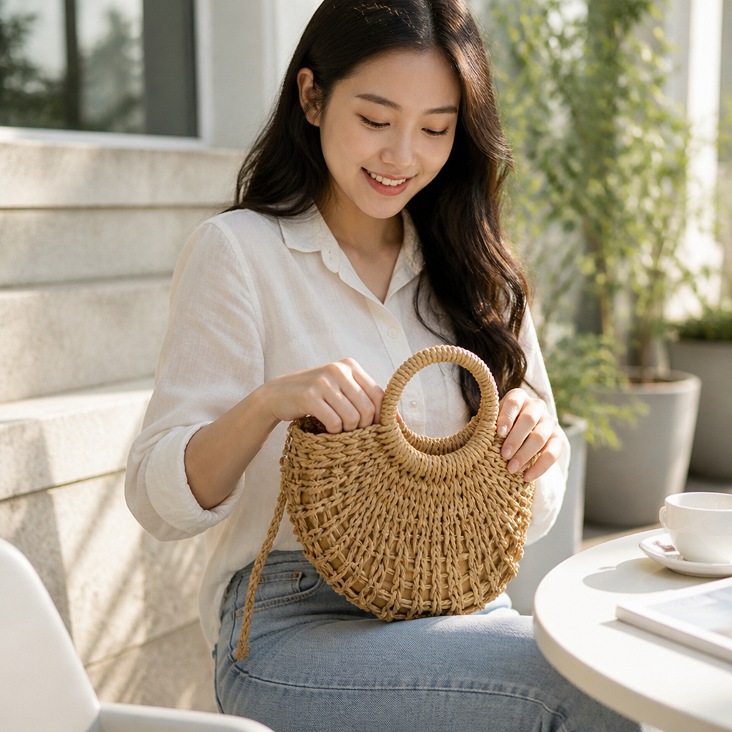 Handwoven Natural Round Handbag (Removable Strap)