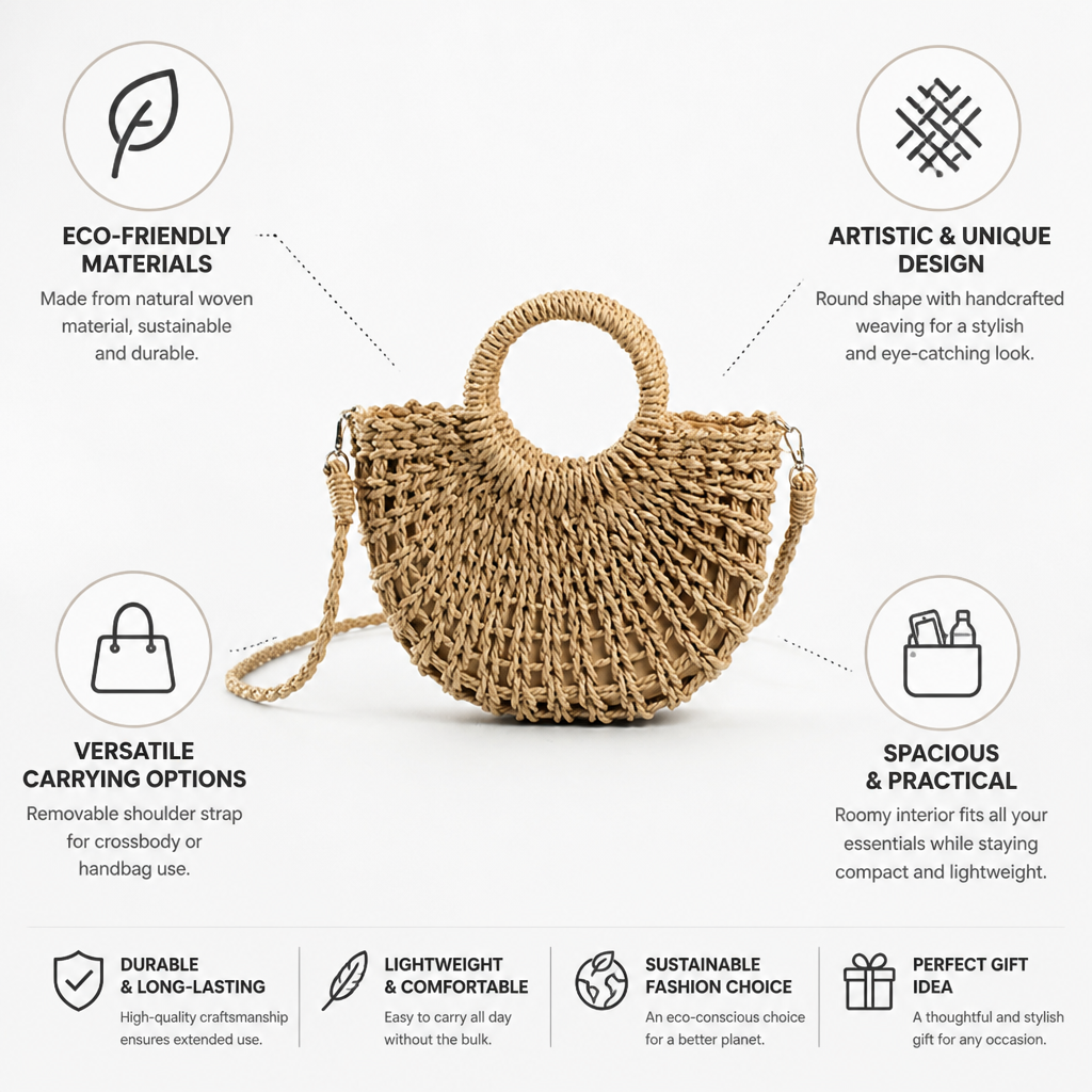Handwoven Natural Round Handbag (Removable Strap)