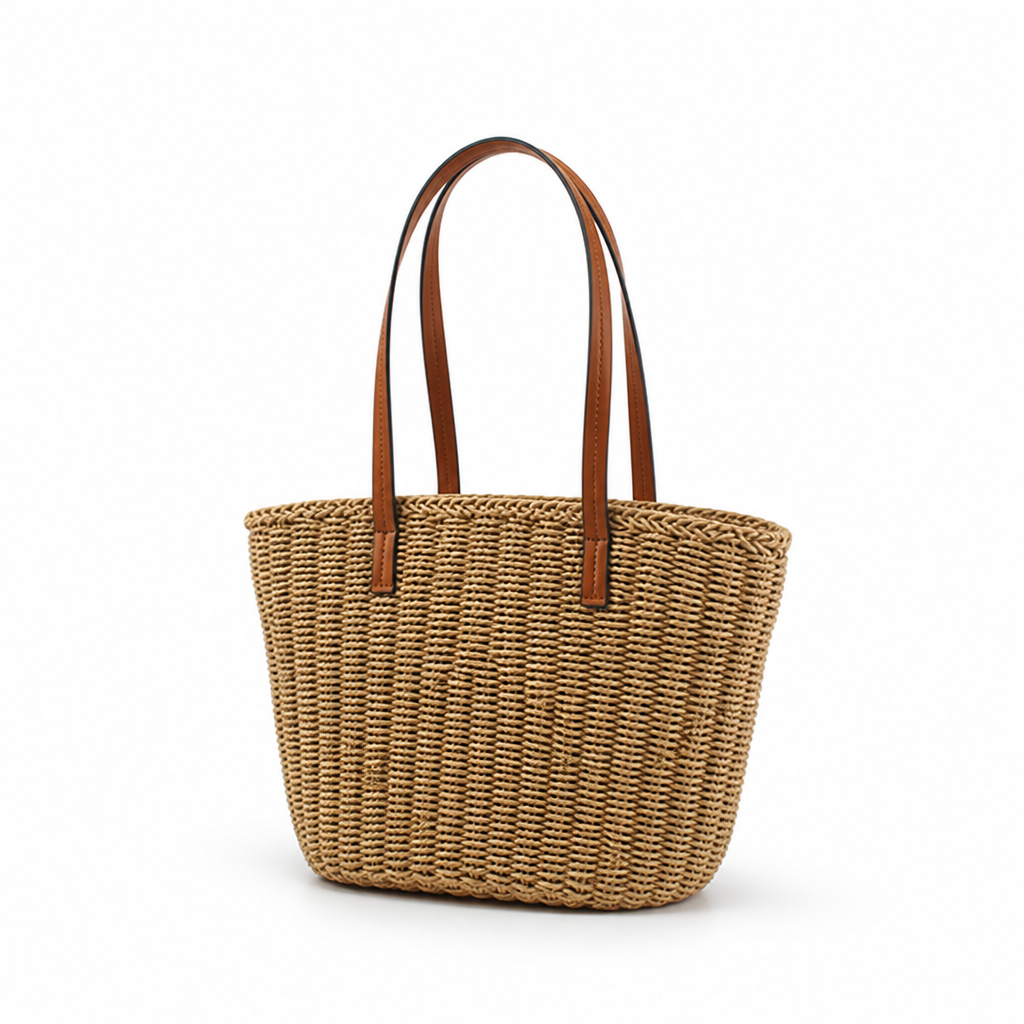 Handwoven Natural Rush Tote (Leather Handles)
