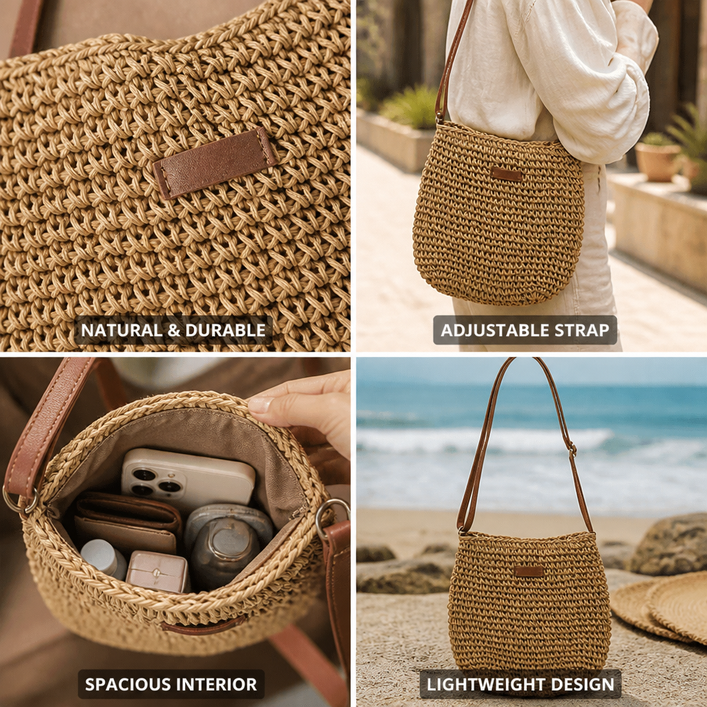 Handwoven Natural Shoulder Bag (Adjustable Strap)