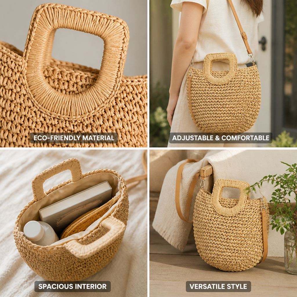 Handwoven Natural Wicker Tote Bag (Adjustable Strap & Hand Grip)