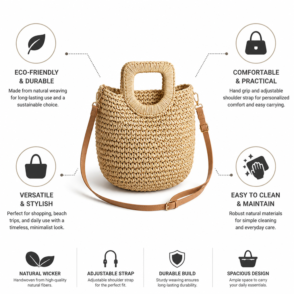 Handwoven Natural Wicker Tote Bag (Adjustable Strap & Hand Grip)