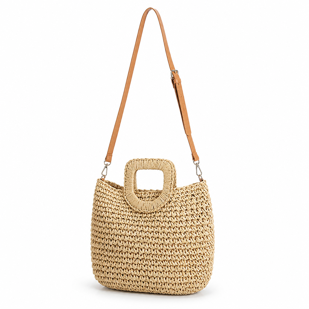 Handwoven Natural Wicker Tote Bag (Adjustable Strap & Hand Grip)