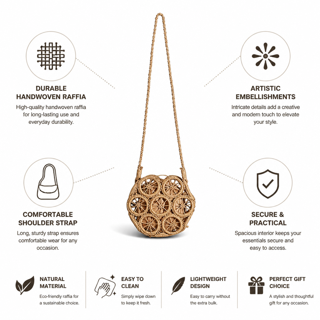 Handwoven Raffia Embellished Shoulder Bag (Long Strap)