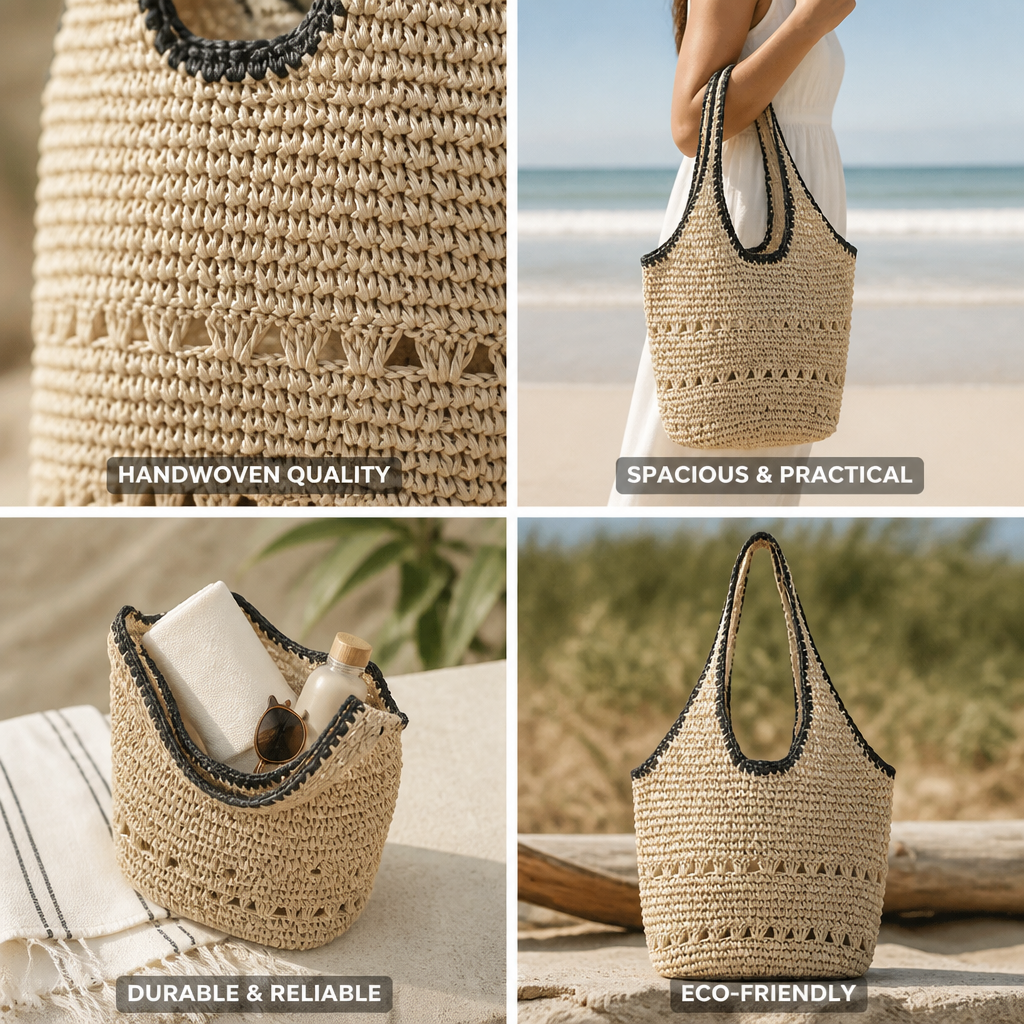 Handwoven Raffia Lace-Trim Beach Tote