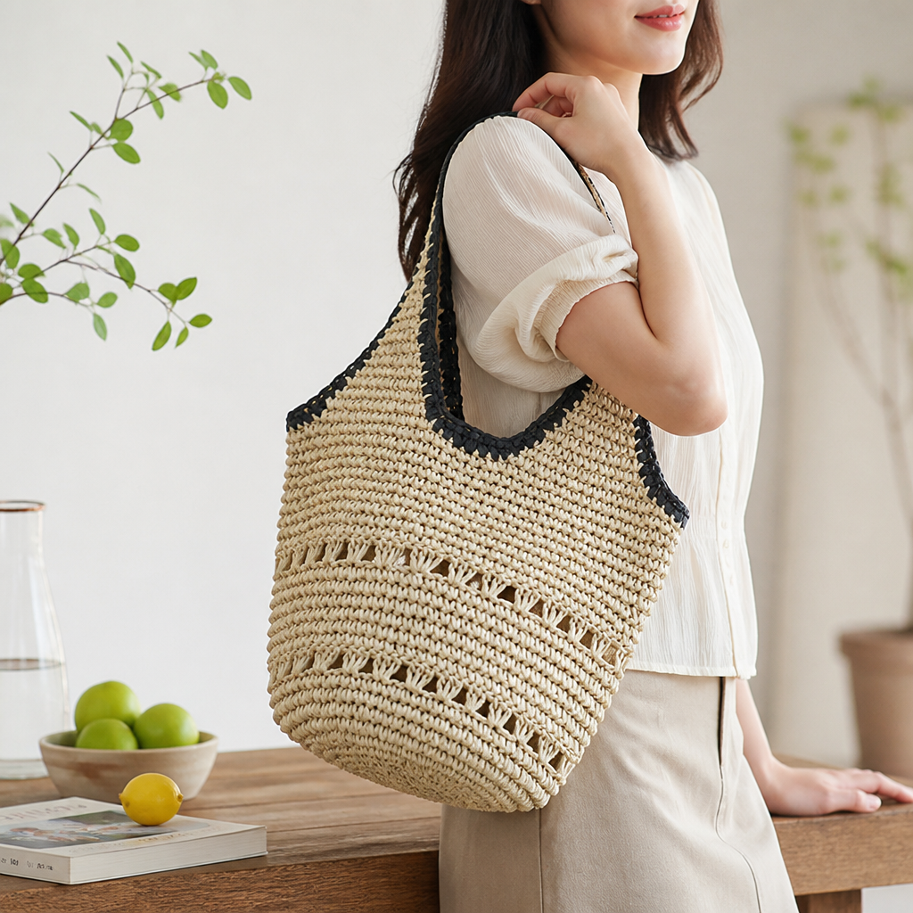 Handwoven Raffia Lace-Trim Beach Tote