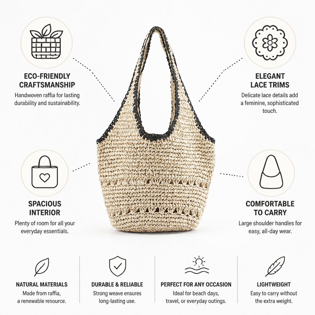 Handwoven Raffia Lace-Trim Beach Tote