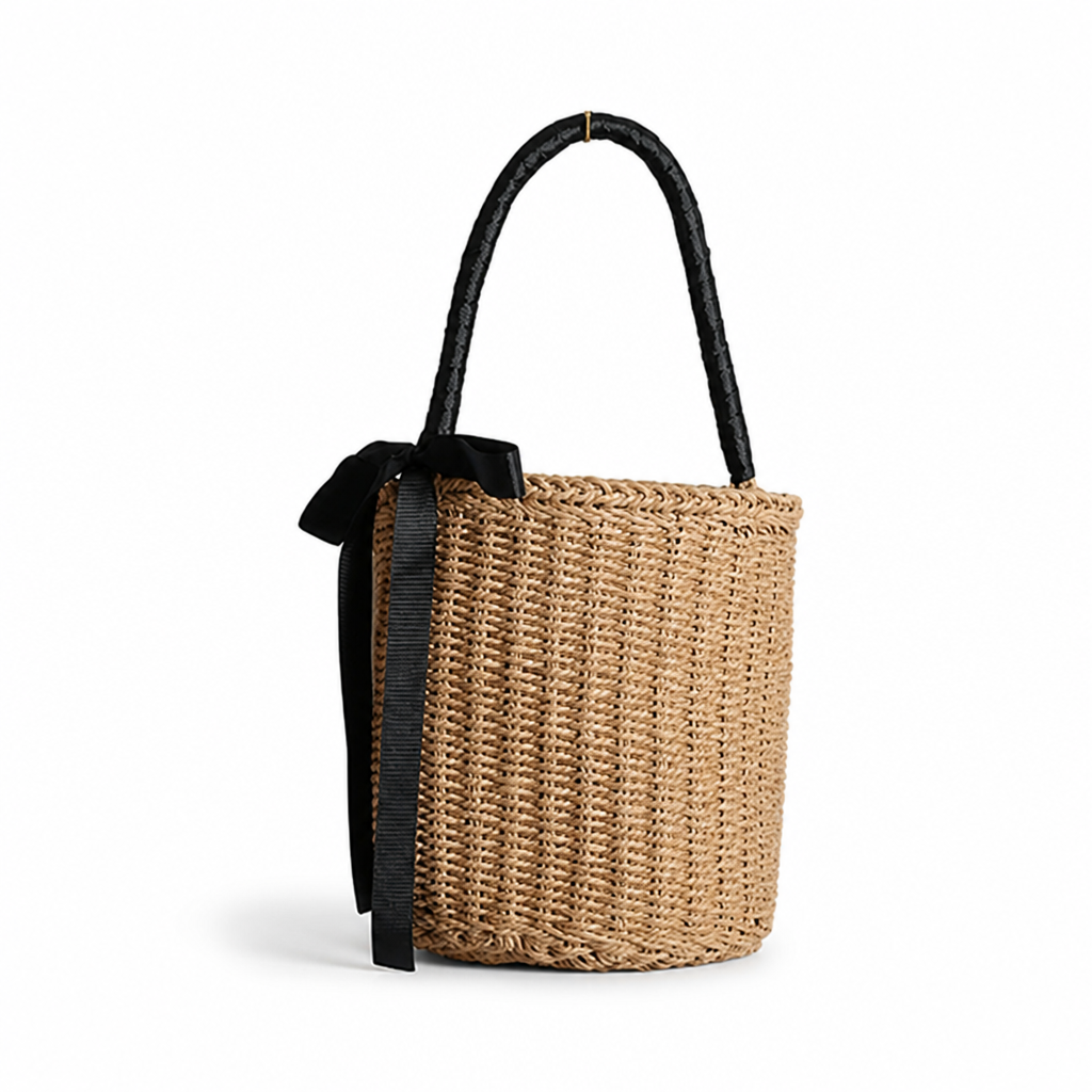 Handwoven Raffia Ribbon-Trim Basket Bag