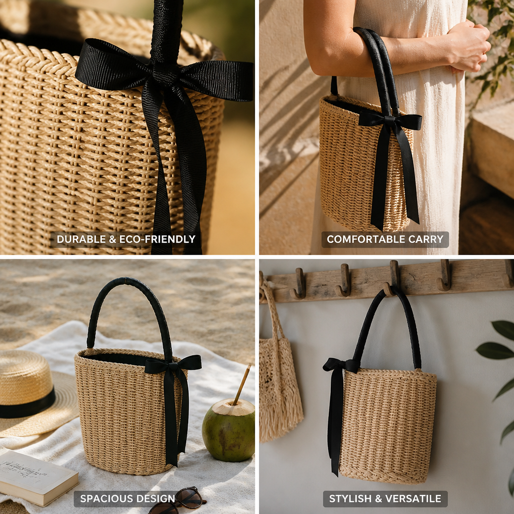 Handwoven Raffia Ribbon-Trim Basket Bag