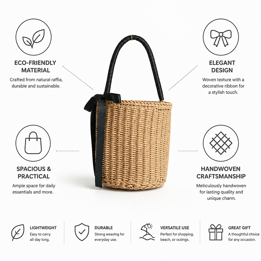 Handwoven Raffia Ribbon-Trim Basket Bag