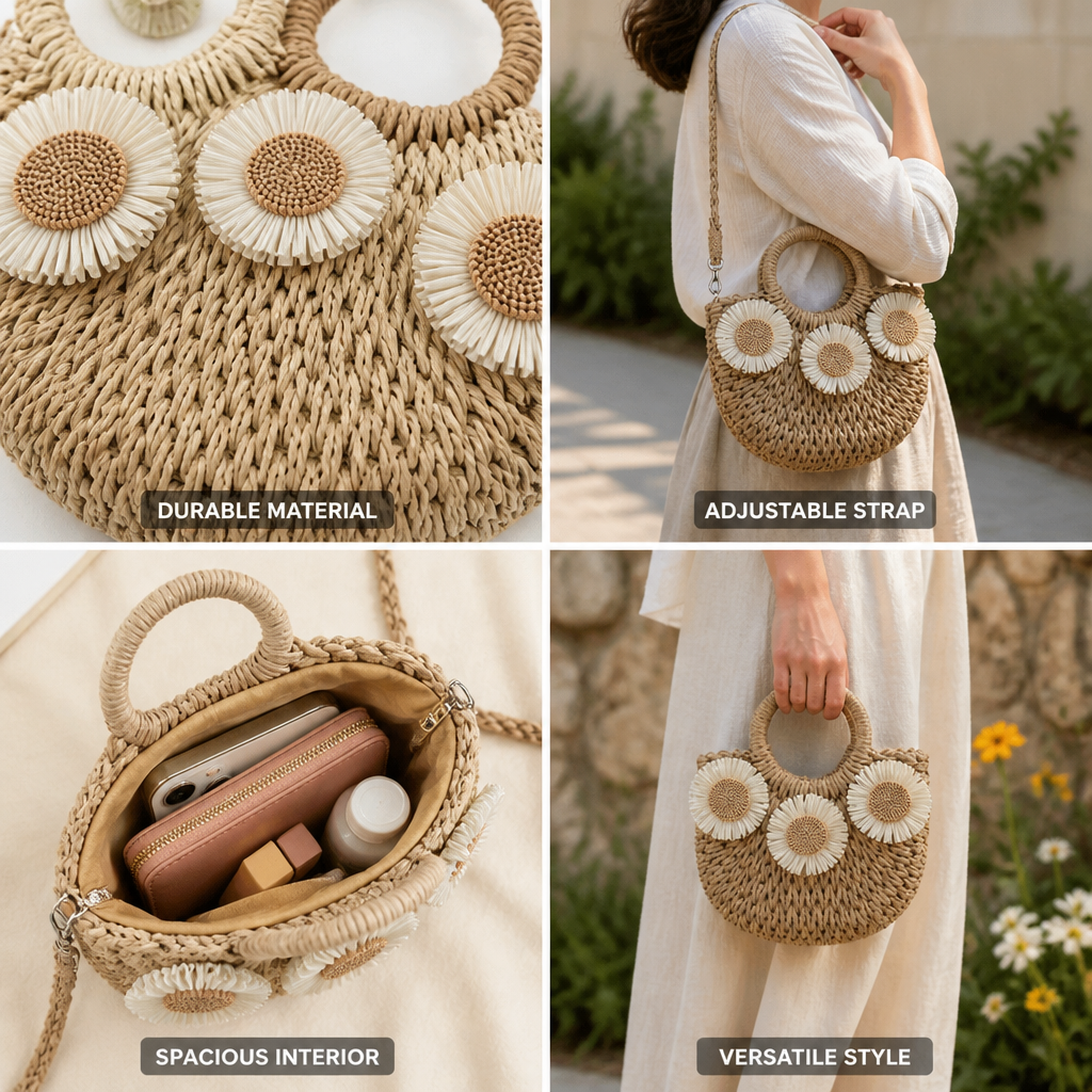 Handwoven Raffia Shoulder Bag (Adjustable Strap)