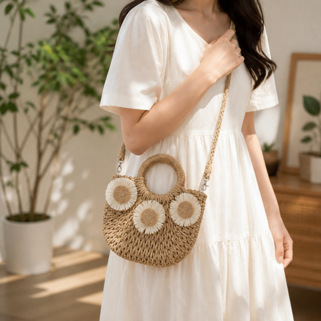 Handwoven Raffia Shoulder Bag (Adjustable Strap)