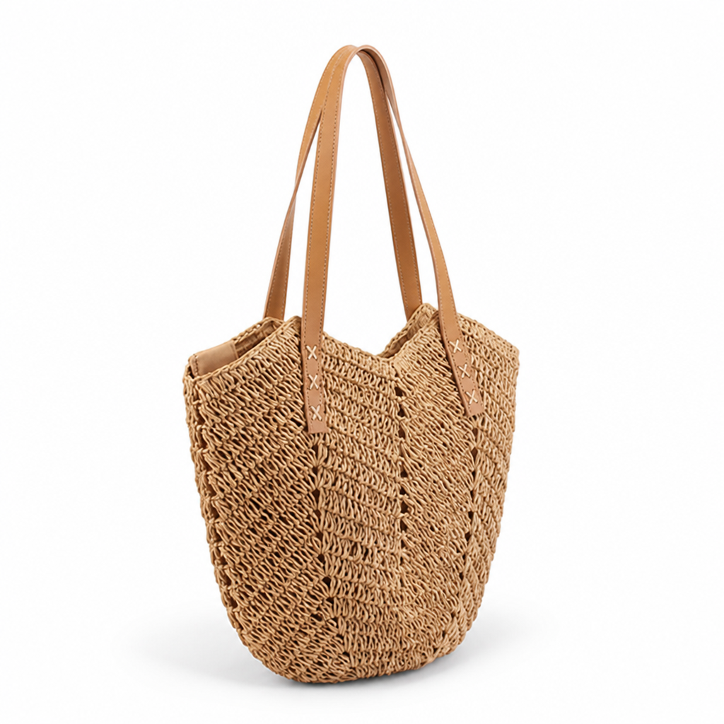 Handwoven Raffia Tote (Wide Leather Handles)