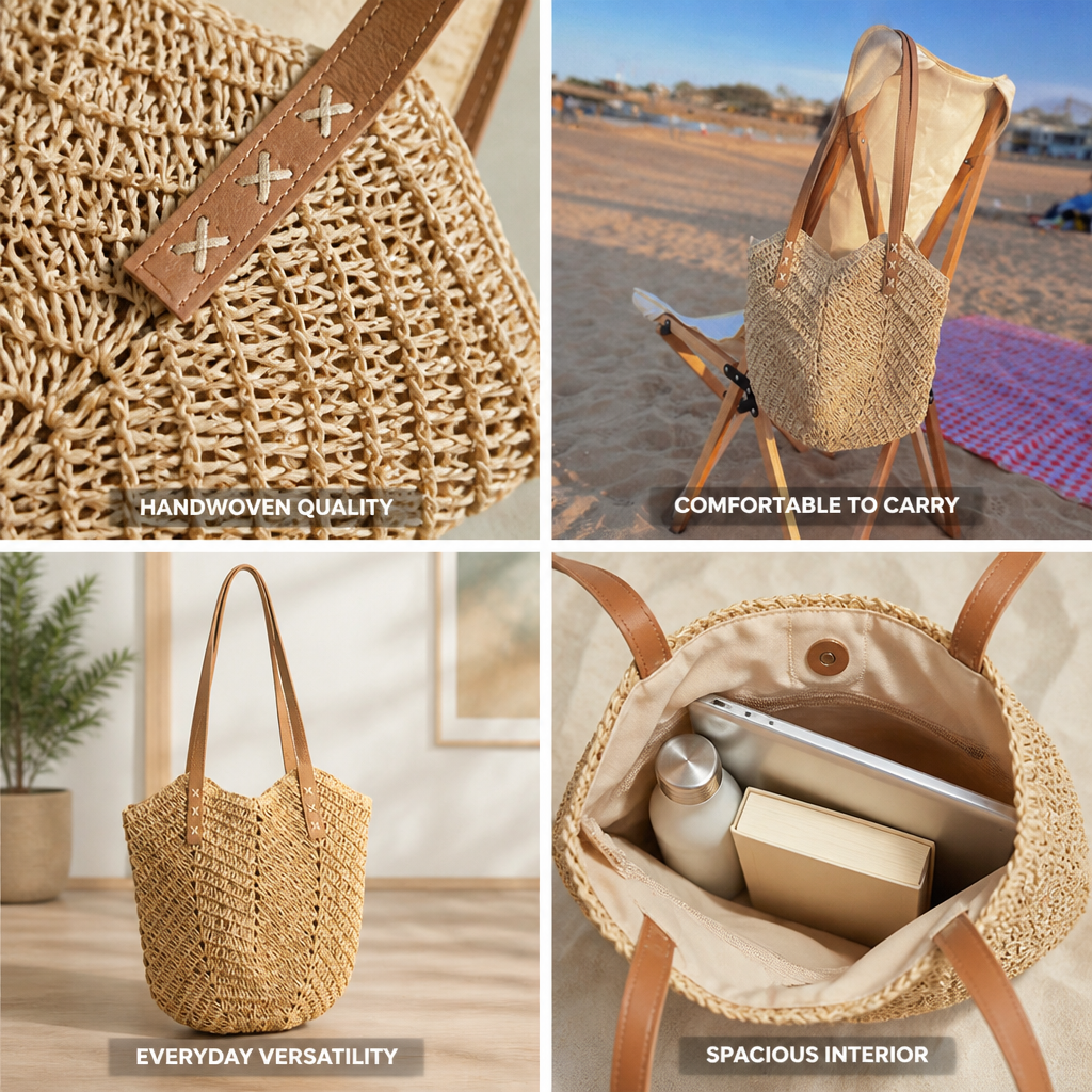 Handwoven Raffia Tote (Wide Leather Handles)