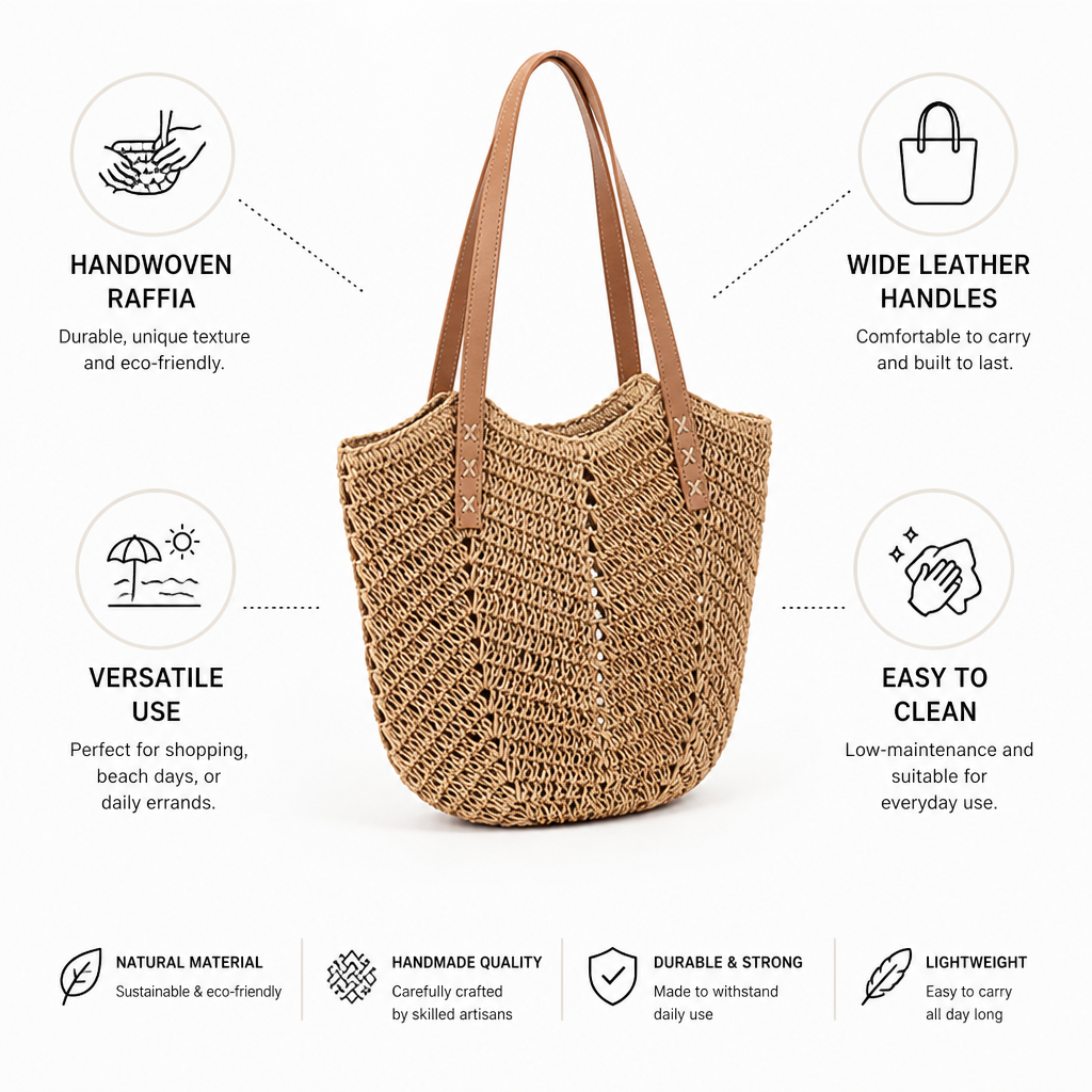 Handwoven Raffia Tote (Wide Leather Handles)