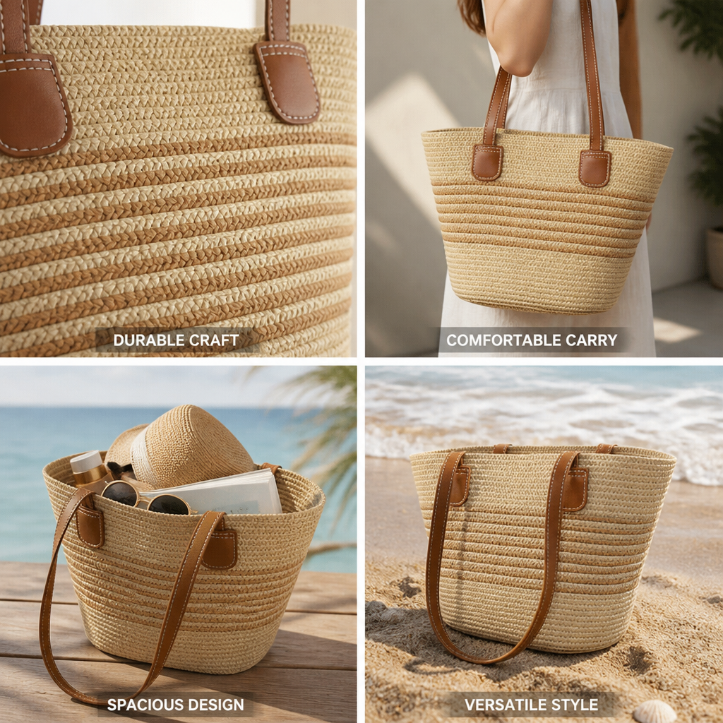Handwoven Raffia Tote With Faux Leather Handles