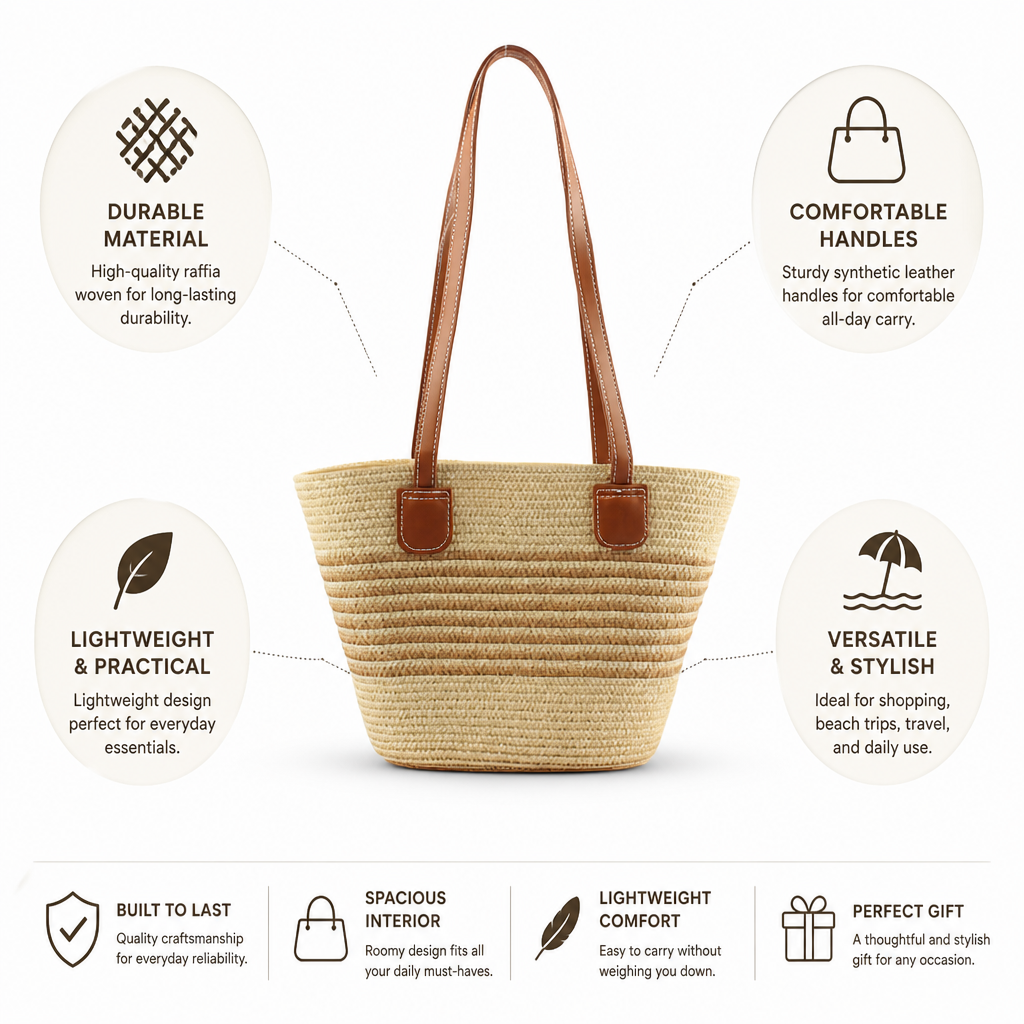 Handwoven Raffia Tote With Faux Leather Handles