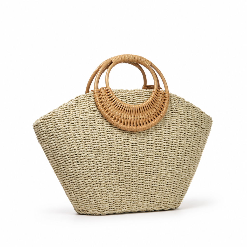 Handwoven Rattan Wide-Bottom Handbag (Round Wooden Handles)