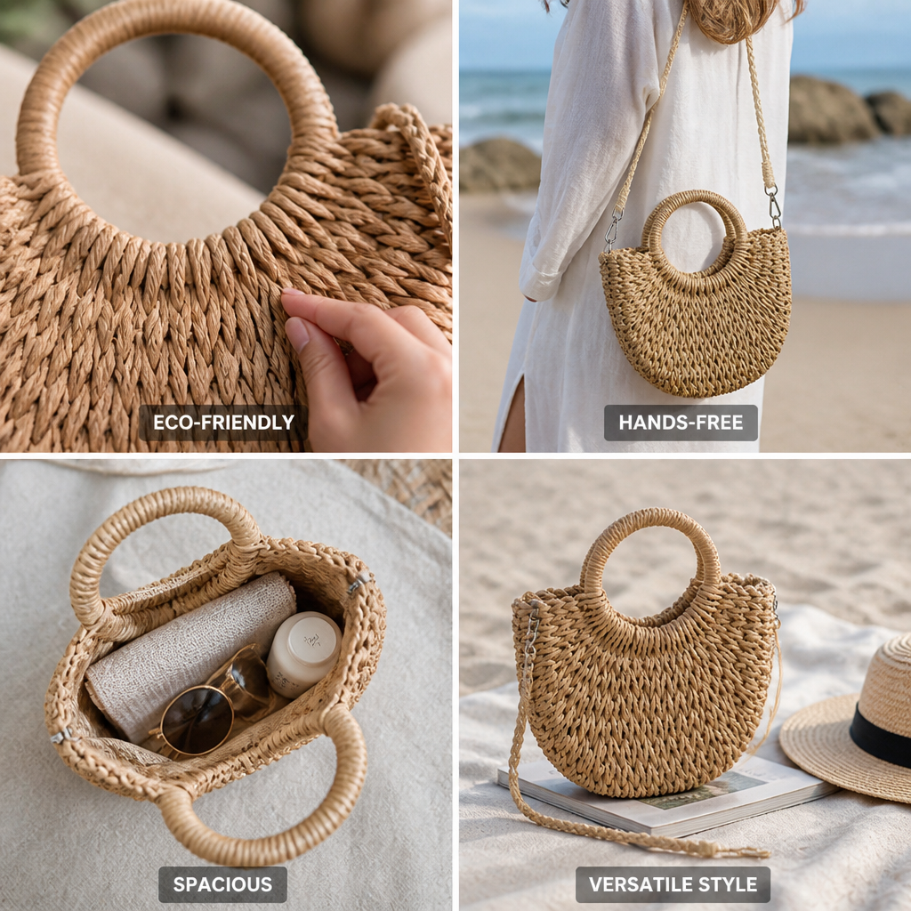 Handwoven Straw Beach Bag (Adjustable Strap)