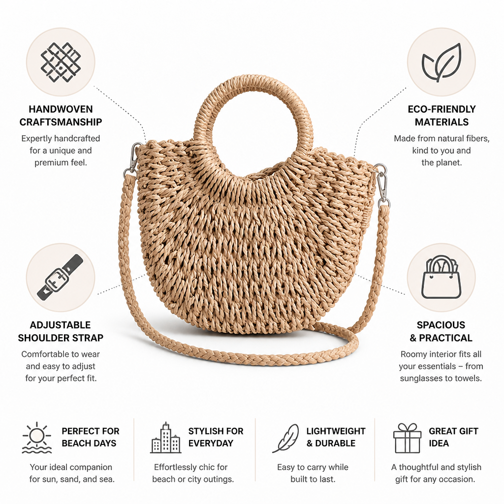 Handwoven Straw Beach Bag (Adjustable Strap)