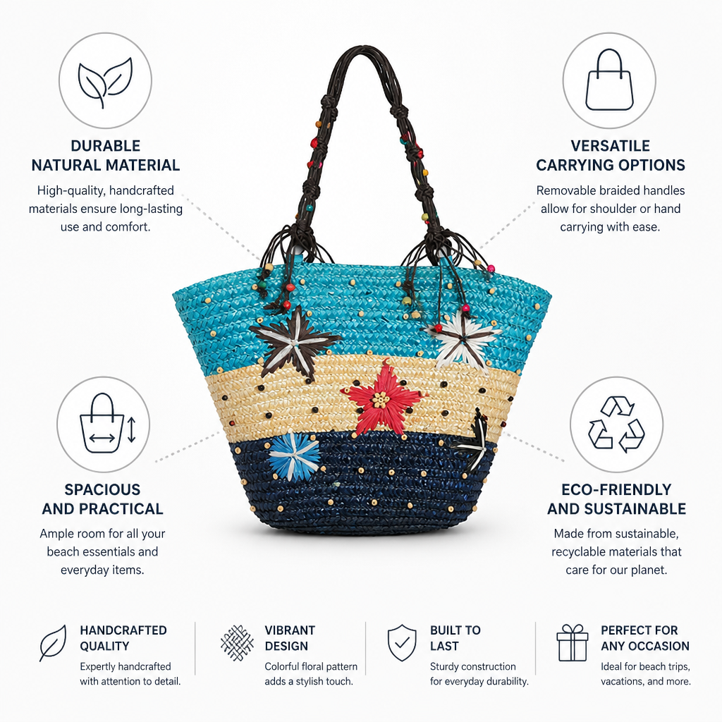 Handwoven Straw Beach Bag (Removable Braided Handles)