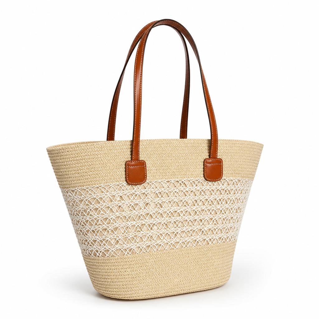 Handwoven Straw Faux Leather Handles Beach Bag