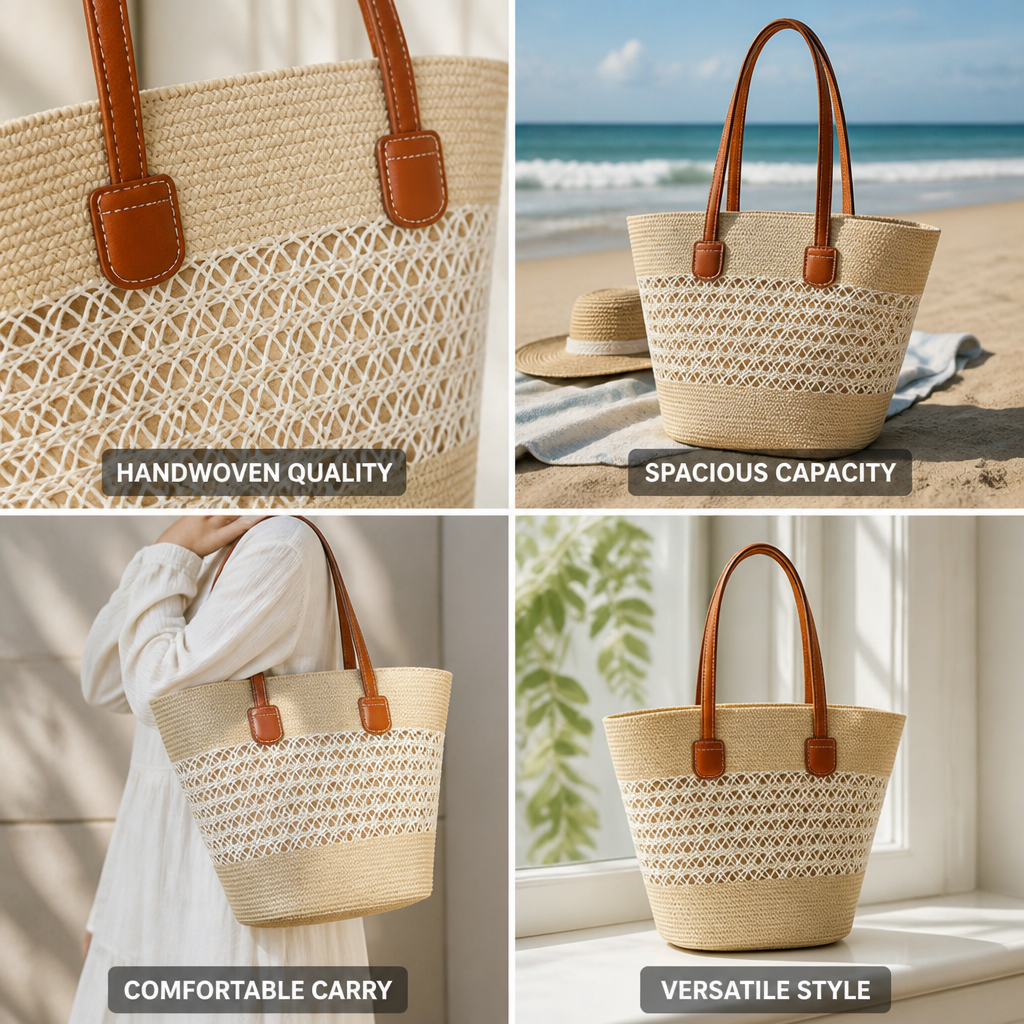 Handwoven Straw Faux Leather Handles Beach Bag