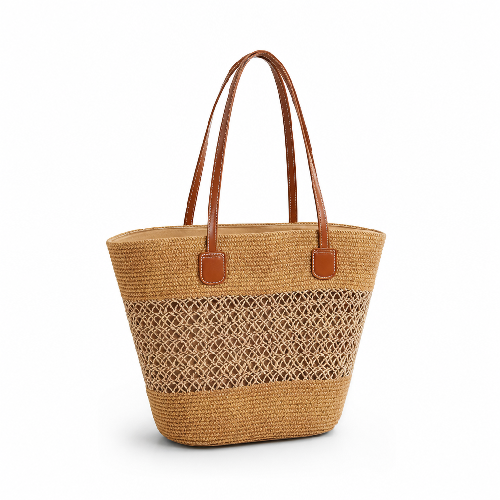 Handwoven Straw Faux Leather Handles Beach Bag