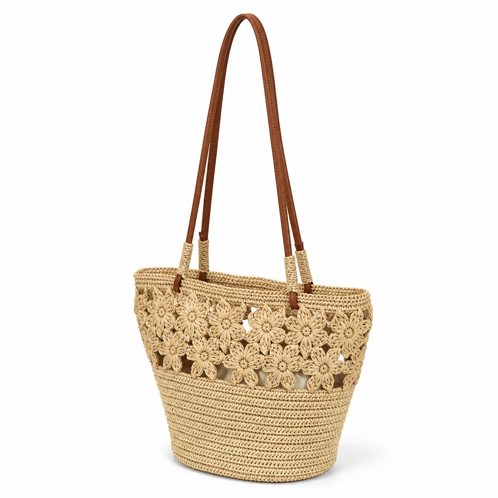 Handwoven Straw Tote (Leather Handles & Floral Accents)