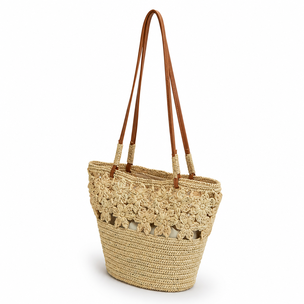 Handwoven Straw Tote (Leather Handles & Floral Accents)