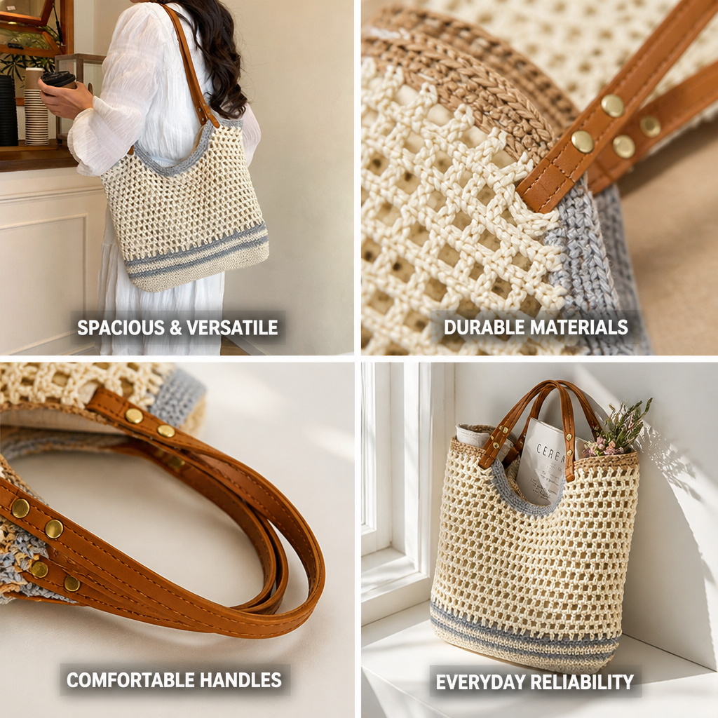 Handwoven Straw Tote With Genuine Leather Handles (Large)