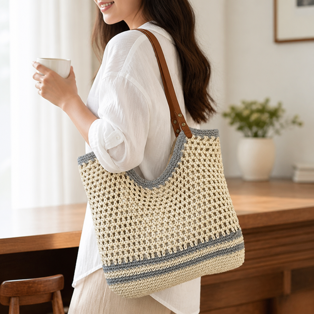 Handwoven Straw Tote With Genuine Leather Handles (Large)