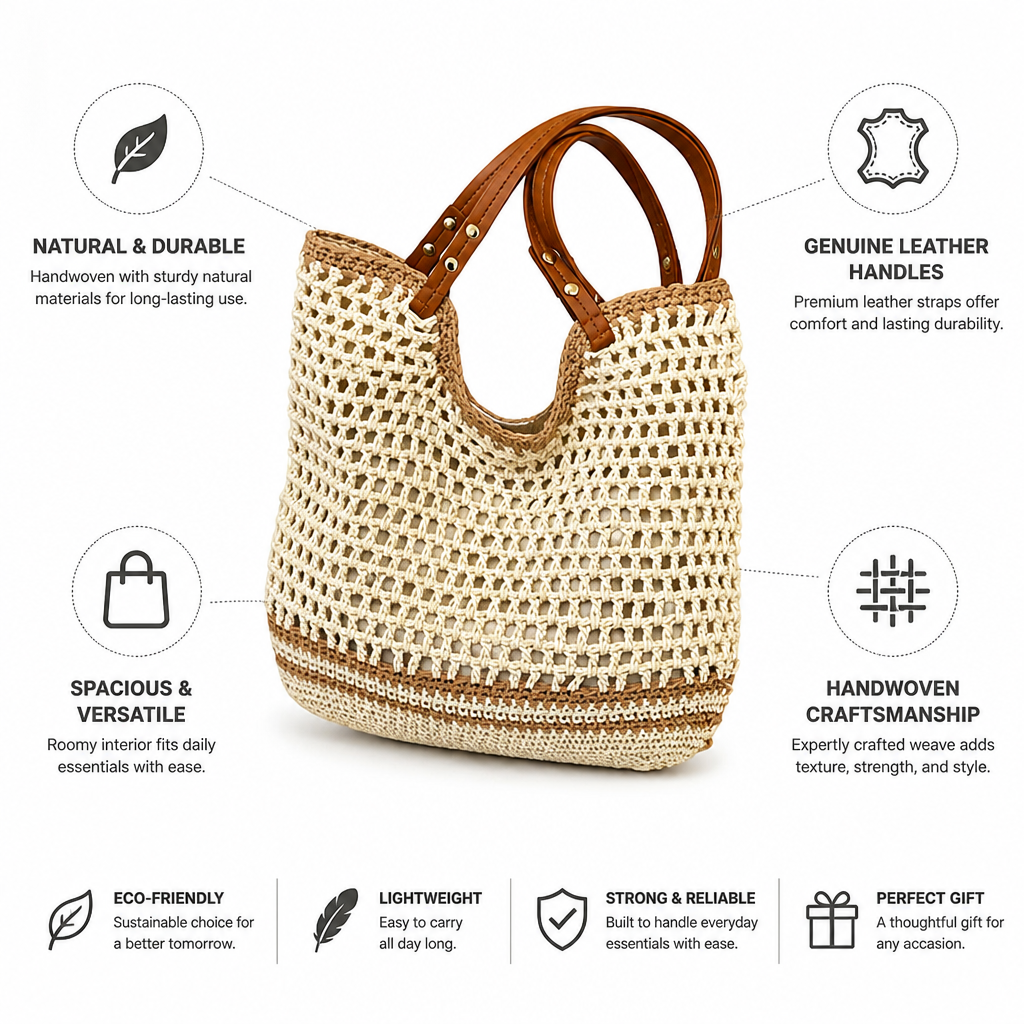 Handwoven Straw Tote With Genuine Leather Handles (Large)