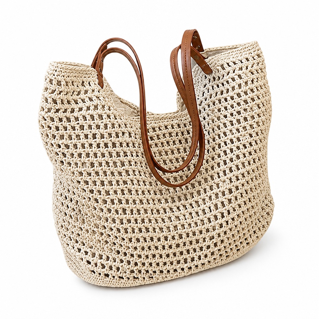 Handwoven Straw Tote With Genuine Leather Handles (Large)