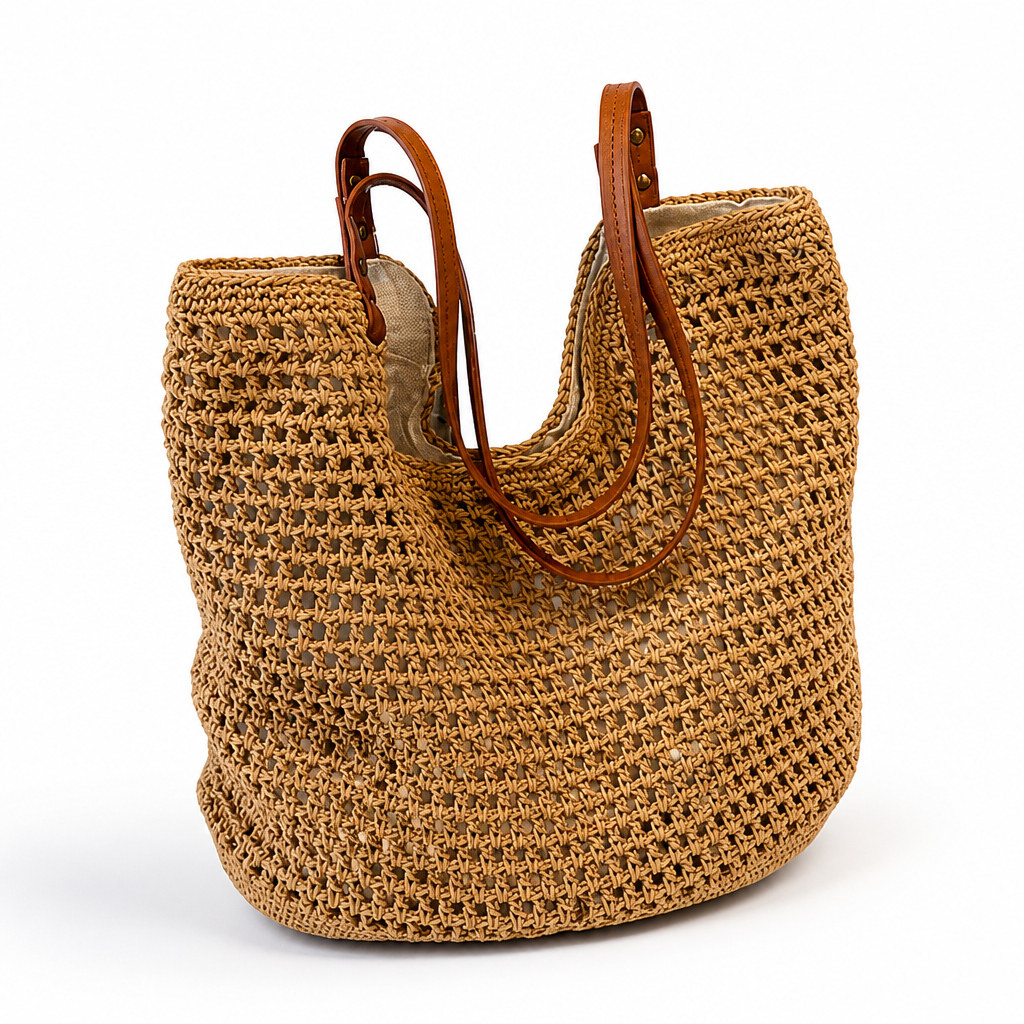 Handwoven Straw Tote With Genuine Leather Handles (Large)